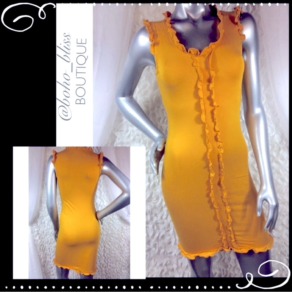 Mustard Yellow Ruffle Stretch Mini Dress NWT - Picture 2 of 4